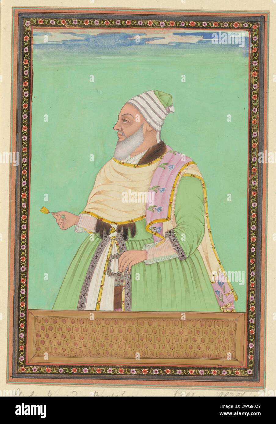 Portrait of Shah Raju, the spiritual leader (PIR) of Sultan Abul Hasan, c. 1686 drawing. Indian miniature Shah Raju is depicted up to his hips, used to the left, his left hand on his sword, in his right hand a flower. Leaf 30 in the `Witsen-Album ', with 49 Indian miniatures of princes. Above the portrait a piece of paper with the name in Persian. Under the portrait a piece of paper with the name in the Portuguese. Golkonda paper. deck paint. gold leaf. gouache (paint) brush ruler, sovereign. historical person (...) - historical person (...) portrayed alone Stock Photo